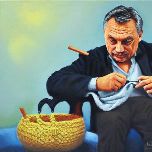 Image similar to viktor orban knitting, oil painting