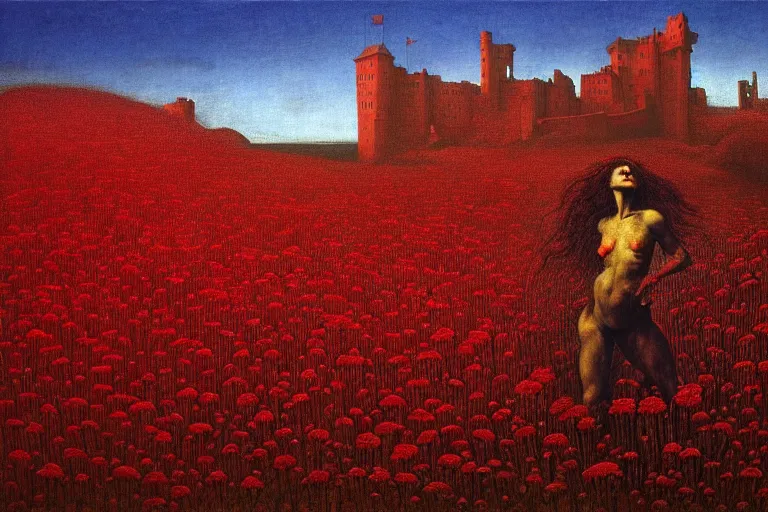 Image similar to only with red, red flowers of different types, a red tiger, a castle in the background, medieval demons dance over the flowers, an ancient path, in the style of beksinski, part by hopper, part by rodcenko, part by hofbauer, intricate composition, red by caravaggio, insanely quality, highly detailed, masterpiece, red light, artstation