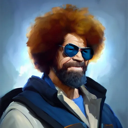 Image similar to Greg Manchess portrait painting of Bob Ross as Overwatch character, medium shot, asymmetrical, profile picture, Organic Painting, sunny day, Matte Painting, bold shapes, hard edges, street art, trending on artstation, by Huang Guangjian and Gil Elvgren and Sachin Teng