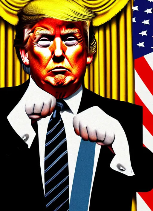 Image similar to donald trump showing fist in oval office, backround dark, highly detailed, digital illustration, trending in artstation, modern painting, smooth, sharp focus, intricate, einar jonsson, ilya repin