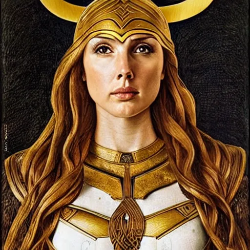 Image similar to gal gadot as a viking shield maiden, elegant portrait by sandro botticelli, detailed, symmetrical, intricate