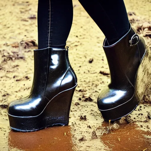 Prompt: a photo of a woman walking trough muddy nature in her shiny black platform boots, wedge heel, very chunky goth style, really muddy, close up of her feet and calves, 8k