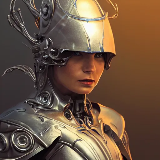 Prompt: mystical evil scifi cyborg android queen wearing a medieval helmet, covered in subsurface wax tendril leaves, volumetric lighting, ultra realistic, concept art, intricate details, serious, highly detailed, realistic, octane render, 8 k, unreal engine, art by todd mcfarlane and artgerm and greg rutkowski and alphonse mucha