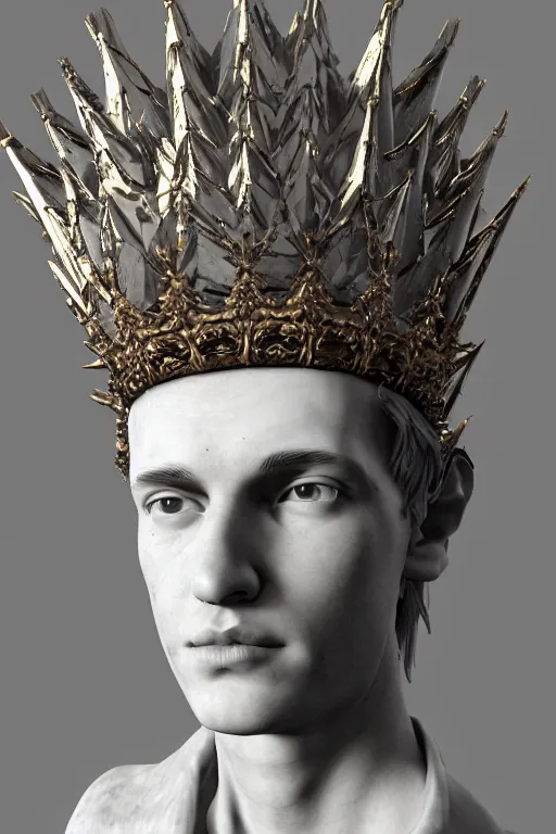 Prompt: full marble baroque style sculpture of handsome young seductive Spanish prince with a spiky hair, wearing a crown made out of woven pipe cleaners, background floating in outer space, photorealism, octane render, artgem, Trending on artstation