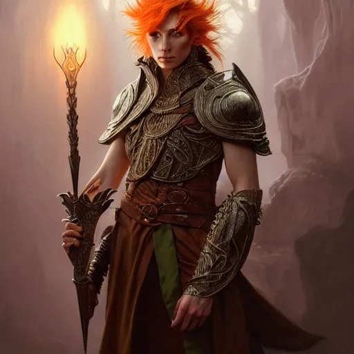 Image similar to portrait painting of an elven young man with short light orange hair and tribal tattoos on cheekbones wearing fur armor, ultra realistic, concept art, intricate details, eerie, highly detailed, photorealistic, octane render, 8 k, unreal engine. art by artgerm and greg rutkowski and charlie bowater and magali villeneuve and alphonse mucha