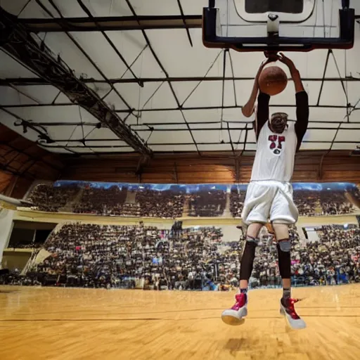 Image similar to film still of a llama in a jersey dunking a basketball, low angle, show from below, tilted frame, 3 5 °, dutch angle, extreme long shot, high detail, indoors, dramatic backlighting.