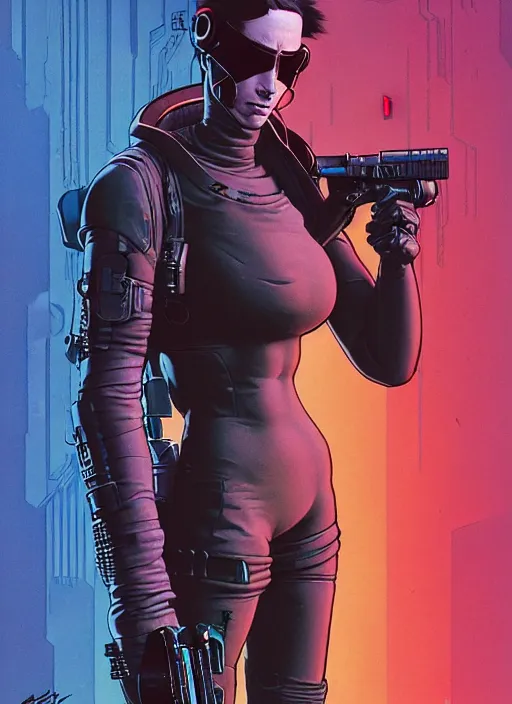 Prompt: cyberpunk mercenary assassin. portrait by mœbius and will eisner and gil elvgren and pixar. realistic proportions. cyberpunk 2 0 7 7, apex, blade runner 2 0 4 9 concept art. cel shading. attractive face. thick lines.