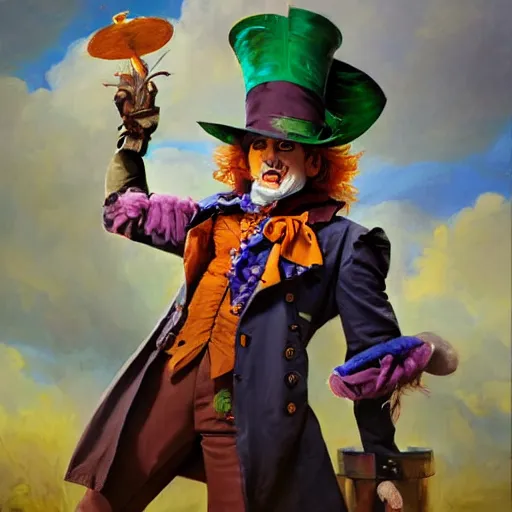 Image similar to greg manchess portrait painting of partially armored mad hatter from alice in wonderland as overwatch character, wacky, medium shot, asymmetrical, profile picture, organic painting, sunny day, matte painting, bold shapes, hard edges, street art, trending on artstation, by huang guangjian and gil elvgren and jesper ejsing