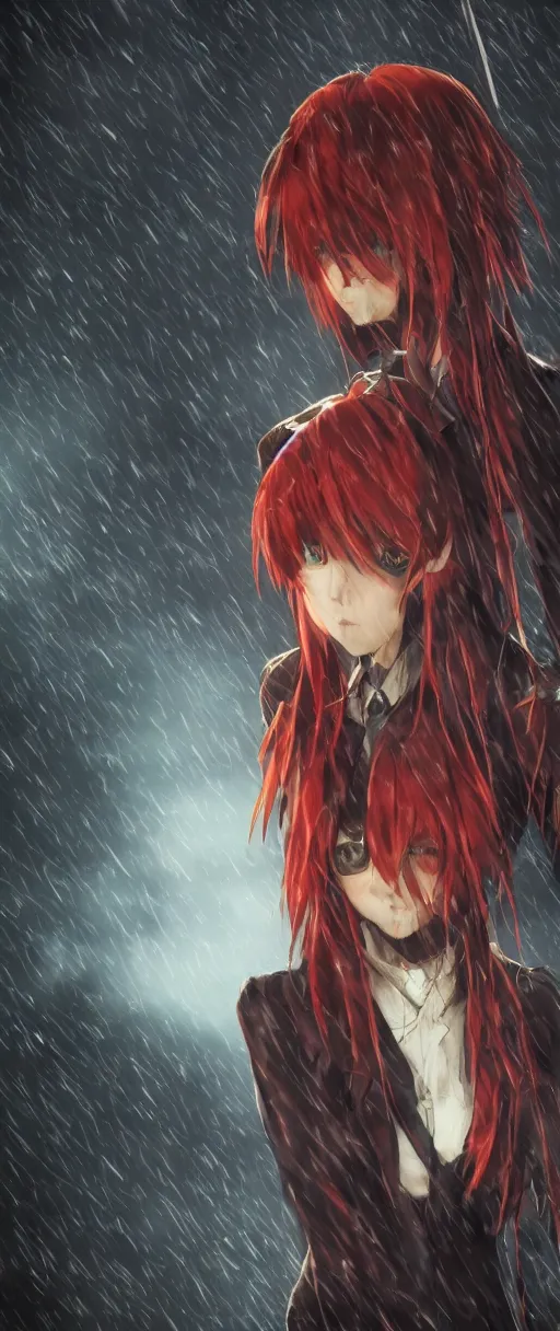 Prompt: asuka langley soryu in a dishonored town, dunwall city, advanced digital art, dishonored aesthetic, cinematic lighting, rainy weather, melancholy atmosphere, artstation, dunwall city, gothic architecture, volumetric light, octane render, dishonored game, dishonored 1, atmosphere or depression and despair, bokeh blur, anime character portrait, cute anime face