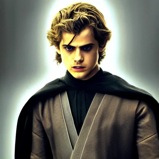 Image similar to anakin skywalker, hayden christensen, revenge of the sith, star wars, promotional shot, 4k, highly detailed face, professional photography, cinematic, film, low lighting, portrait,