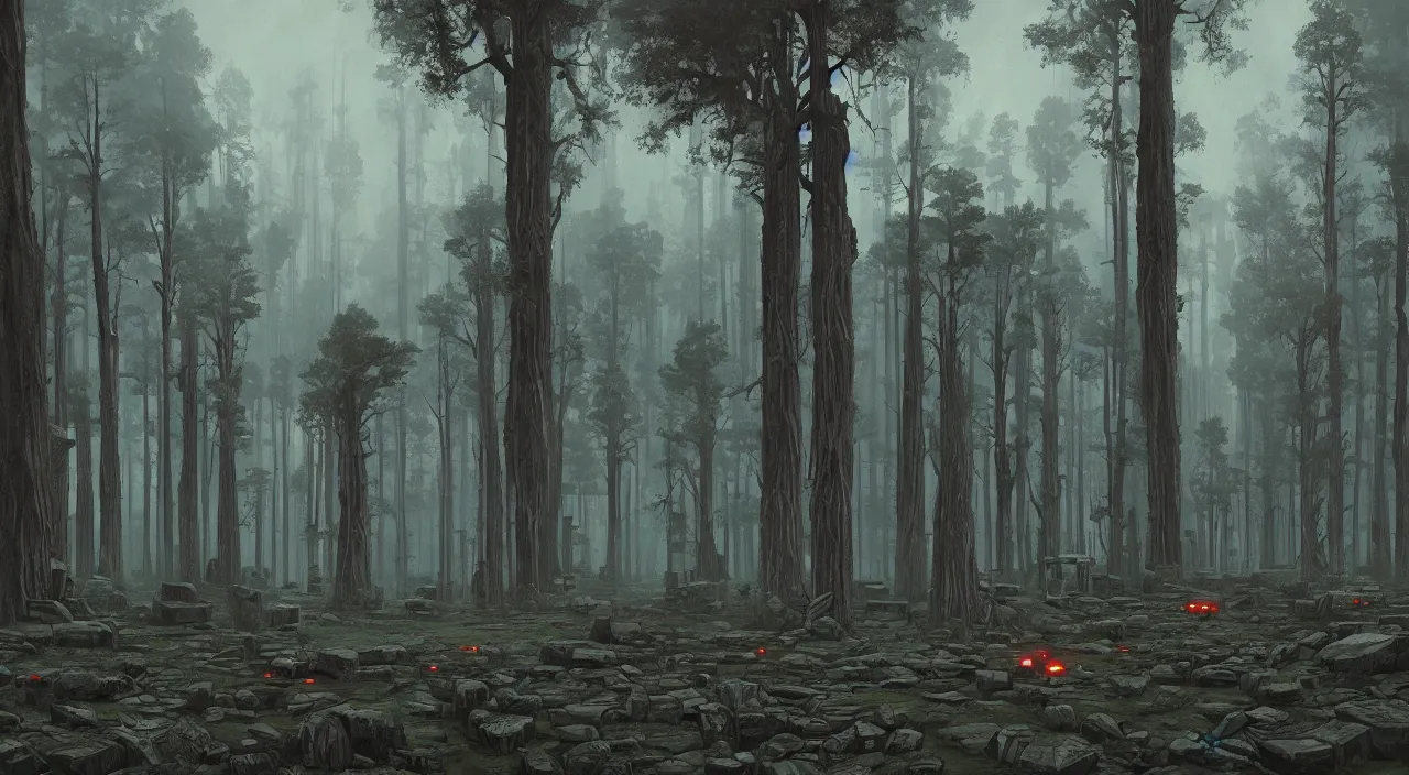 Prompt: monumental ruins in a dark and ancient forest, overcast sky, sci-fi digital painting by Simon Stalenhag