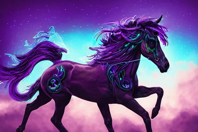 Image similar to a stunning horse with bioluminescent mane and tail jumping in the clouds by sandra chevrier and greg rutkowski, purple blue color scheme, celtic neon runes, vaporware, retro, outrun, high key lighting, volumetric light, digital art, highly detailed, fine detail, intricate, ornate, complex, octane render, unreal engine, photorealistic