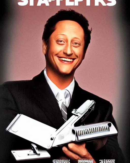 Image similar to 90s comedy movie poster of stapled a movie about someone who turned into a stapler starring Rob Schneider