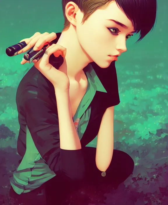 Prompt: a beautiful young british alternative music singer. optical illusion art by ilya kuvshinov lois van baarle ross tran range murata artgerm katsuhiro otomo norman rockwell. highly detailed intricately sharp focus mystically trending deviantart, pinterest, vogue italia, unreal engine 5, 4 k uhd image