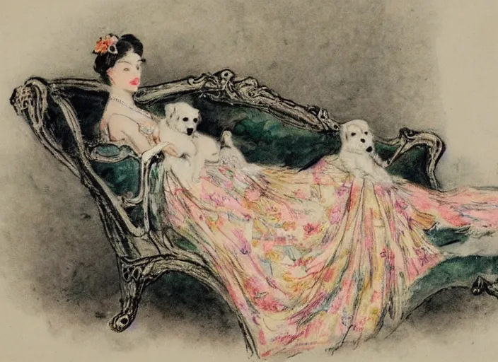 Image similar to Louis Icart, an old elaborate colored drawing of a woman laying eloquently on a sofa holding a puppy, wearing flowing dress with floral motifs, by Louis Icart, highly detailed, masterpiece