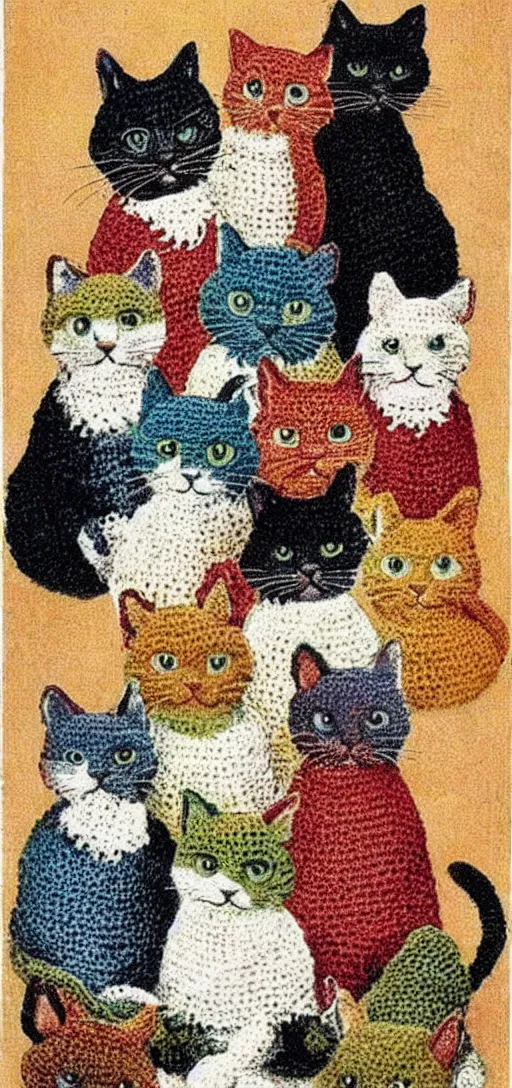 Prompt: multicolored crocheted cats, 1 9 1 0 s catalogue photo,