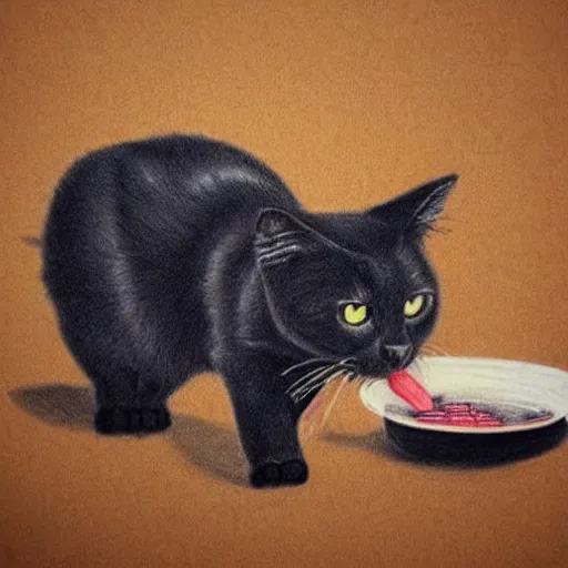 Prompt: Pencil drawing of a black cat eating a delicious treat