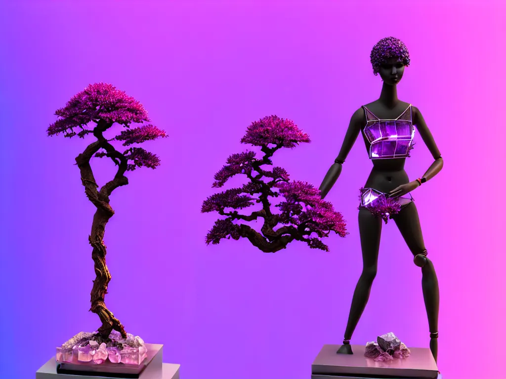 Image similar to beautiful mannequin sculpted out of amethyst by billelis + lit with purple 3 d geometric neon + chrome geometric cubed bonsai plants!!!!, doorway opening with neon pink geometric light, clean linework, dramatic, finely detailed, rule of thirds, moody, confident, award winning, 4 k, trending on artstation, photorealistic, volumetric lighting, octane render