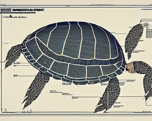 Image similar to a full page of a mechanical blueprint showing a cutaway design for a mechanized turtle from howl's moving castle ( 2 0 0 4 ), with a big head, muted colors, post grunge, studio ghibli, hq,