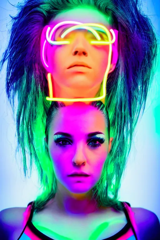 Image similar to a award winning half body portrait photograph of a beautiful woman with stunning eyes in a croptop and cargo pants with rainbow colored hair, routlined by whirling illuminated neon lines, outrun, vaporware