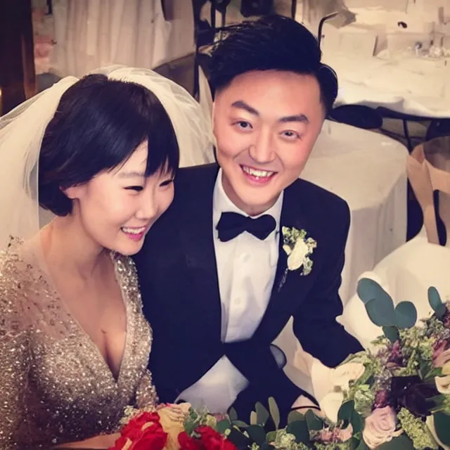 Prompt: justin sun marries cookie monster, instagram couple's professional wedding photography