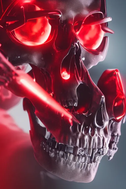 Prompt: closeup shot of a carbon black cyborg, skull, macro shot, dof, cinematic, volumetric lighting, studio shot, octane render, red light, 4 k