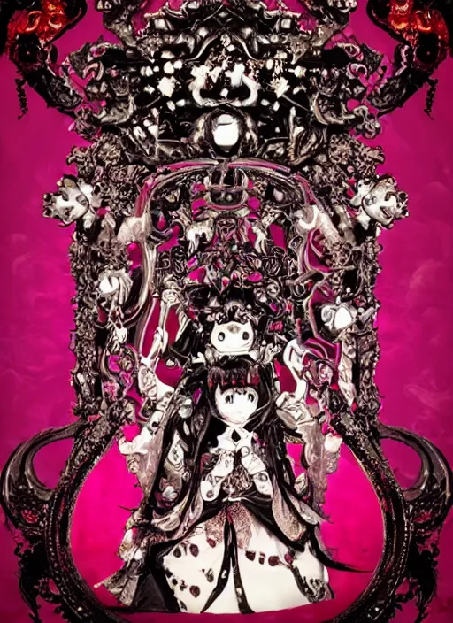 Image similar to baroque bedazzled gothic royalty frames surrounding a pixelsort emo demonic horrorcore japanese yokai doll, low quality sharpened graphics, remastered chromatic aberration spiked korean bloodmoon sigil stars draincore, gothic demon hellfire hexed witchcore aesthetic, dark vhs gothic hearts, neon glyphs spiked with red maroon glitter breakcore art by guro manga artist Shintaro Kago