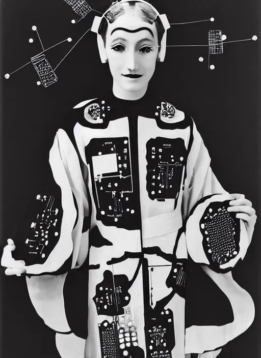 Prompt: Portrait of a fractal cosmonaut girl wearing kimono made of circuits and leds, surreal photography by Man Ray