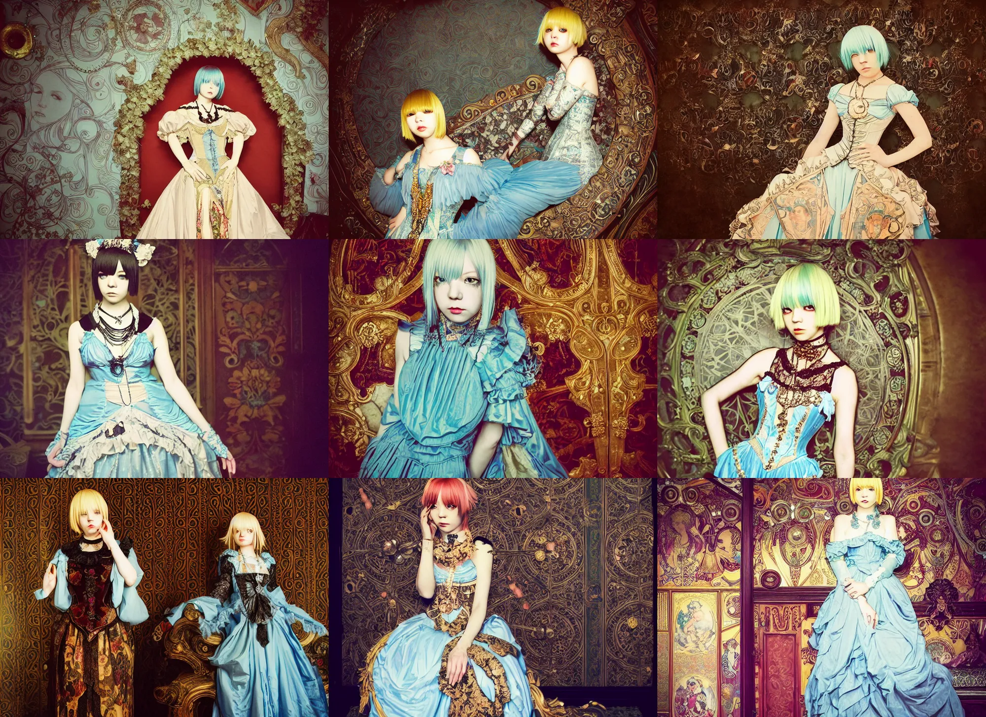 Prompt: lomography, full body portrait photo of reol in a victorian ballroom interior at a crowded masquerade party with many people, wearing an ornate dress designed by alphonse mucha, moody, realistic, dark, skin tinted a warm tone, light blue filter, hdr, rounded eyes, detailed facial features, very dark