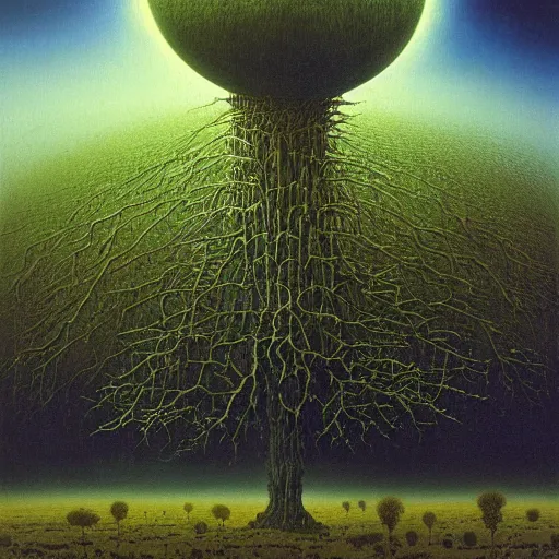 Image similar to giant alien megastructure in space, eclipsing planets, giant trees and plants growing, stretching far as the eye can see, highly detailed beksinski painting