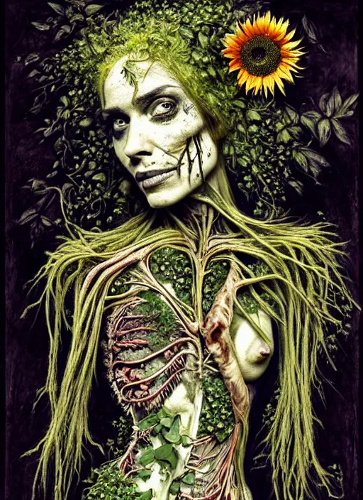 Image similar to beautiful and detailed rotten woman corpse with fractal plants and fractal sunflowers growing around, muscles, veins, arteries, intricate, organs, ornate, surreal, john constable, guy denning, dan hillier