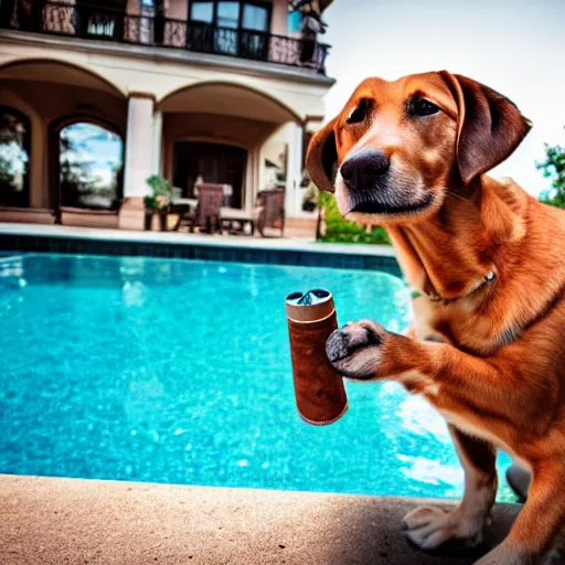 Image similar to a very detailed photo of a dog ( smoking a cigar ) outside the mansion by the pool