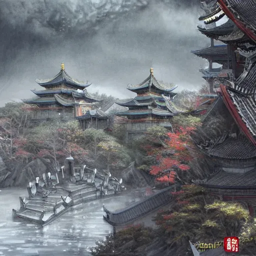 Image similar to dynamic composition, motion, ultra-detailed, incredibly detailed, a lot of details, amazing fine details and brush strokes, colorful and grayish palette, smooth, HD semirealistic anime CG concept art digital painting, watercolor oil painting of epic castle gate, from Three Kingdoms, by a Chinese artist at ArtStation, by Huang Guangjian, Fenghua Zhong, Ruan Jia, Xin Jin and Wei Chang. Realistic artwork of a Chinese videogame, gradients, gentle an harmonic grayish colors.