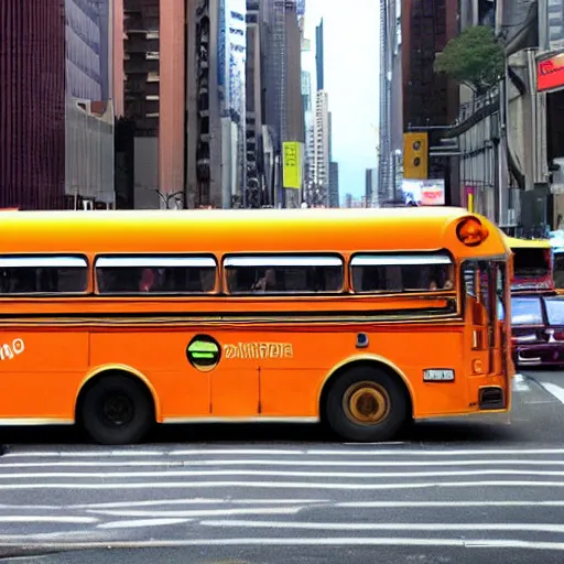 Prompt: Twopart buses, new on the routes, creep the crosstown blocks like giant insects.