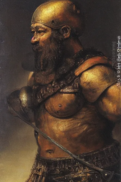 Prompt: spartan warrior, black skin. Oily muscles. thick black beard. oil painting. By Rembrandt.