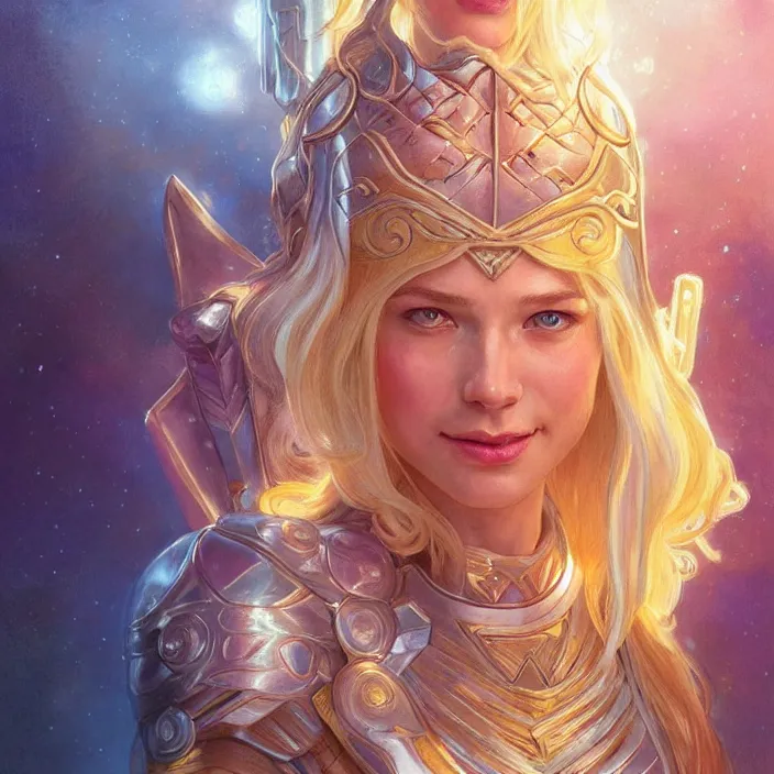 Prompt: smiling beautiful female thor with sparkling eyes, closed up portrait, highly detailed, gold filigree, fantasy, soft cinematic lighting, award, disney concept art, watercolor illustration by mandy jurgens and alphonse mucha and alena aenami, pastel color palette, featured on artstation