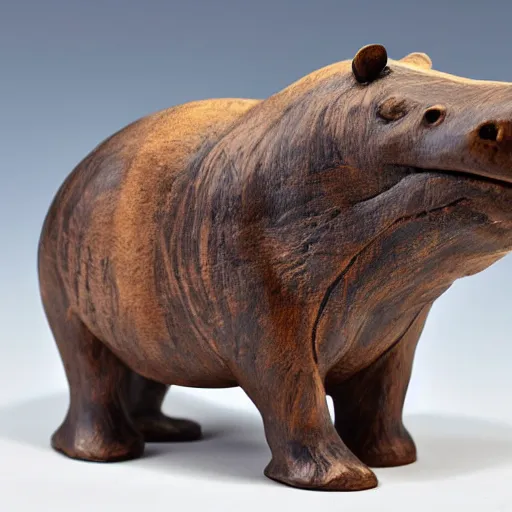 Prompt: a small hippo statue carved from natural wood, dipped in polished blue ceramic, half and half, mixed media, side view