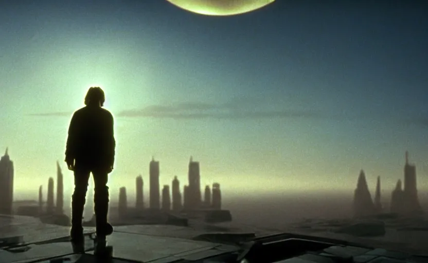 Prompt: iconic wide cinematic screen shot of luke skywalker downtrodden standing with a view of coruscant at sunset, from the thrilling scene from the 1 9 9 0 s sci fi film directed by stanley kubrick, moody cinematography, foggy volumetric lighting, hyper detailed scene, anamorphic lenses 2 4 mm, lens flare, award winning