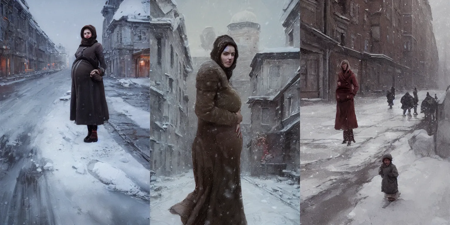 Prompt: full-length portrait of a pregnant woman on the street of besieged Leningrad in winter, by Greg Rutkowski and Raymond Swanland, Trending on Artstation, ultra realistic digital art