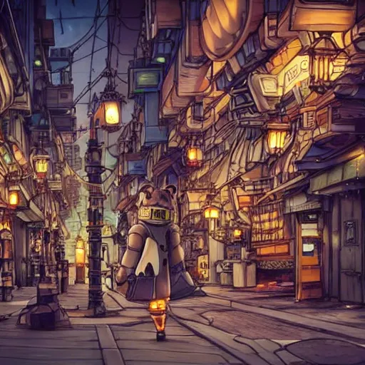 Image similar to robotic steampunk cat walking in a steampunk city at midnight, studio ghibli, extremely detailed, side view, lanterns can be seen lighting up the city, lonely,