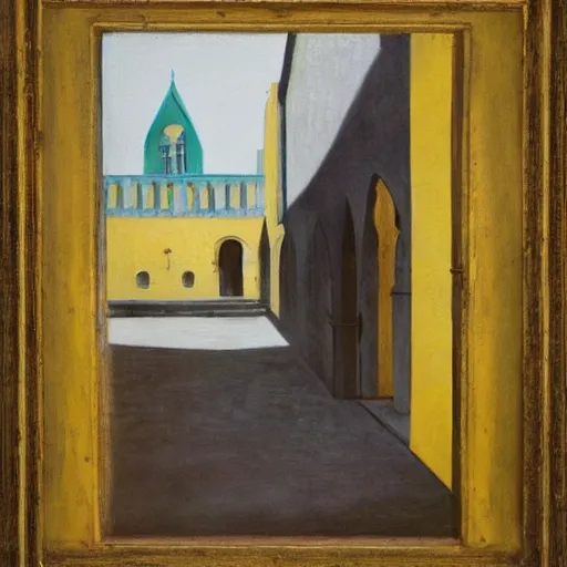 Image similar to a painting of a little girl with short black hair and wearing a yellow coat alone in the inner courtyard of an abbey by hopper