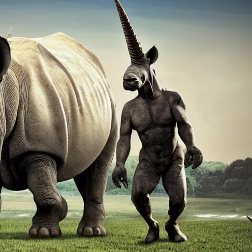 Image similar to photo of a bipedal creature with a rhino face and long tail and unicorn horn