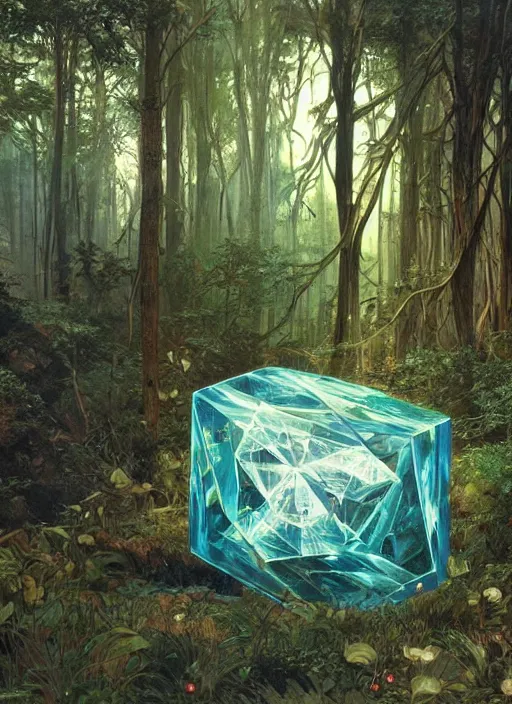 Image similar to a crystal cube in a forest, highly detailed, intricate, concept art, art station, cinematic light, realistic, ethereal light, art by Alphonse Mucha