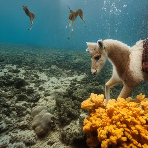 Image similar to an alpaka under water dives through a coral reef, 8k photography