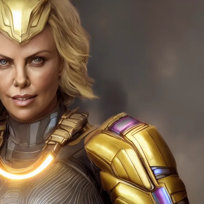 Image similar to portrait of (Charlize Theron), wearing The Infinity Gauntlet. intricate artwork. high detail, HD, octane render, trending on artstation, very coherent symmetrical artwork. avengers. thanos. cinematic, hyper realism, high detail, octane render, 8k, iridescent accents