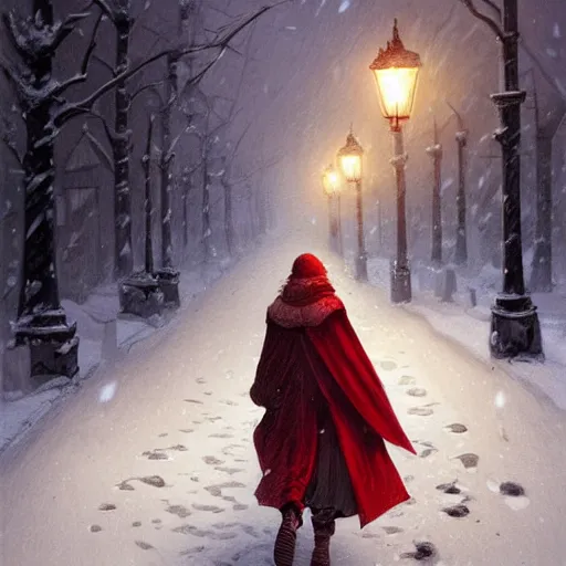 Prompt: blond girl in red cloak walks through snowy village by lamplight, detailed intricate ink illustration, dark atmosphere, detailed illustration, hd, 4k, digital art, overdetailed art, concept art, by greg rutkowski, by loish, complementing colors, Trending on artstation, deviantart