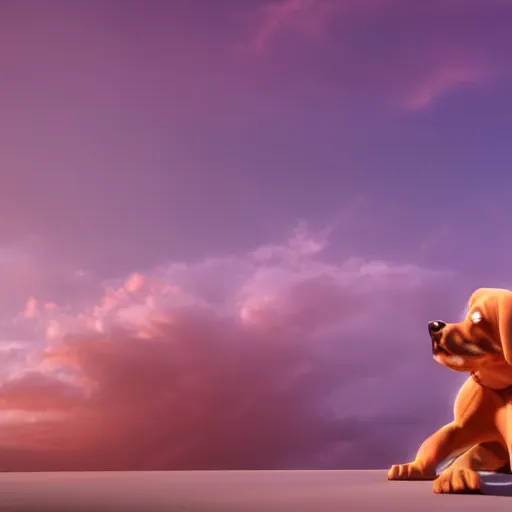 Image similar to a beautiful 3d render of a purple dog dancing, in the style of disney, dramatic clouds in background, the dog is doing a ballet dance, highly detailed, 8k resolution