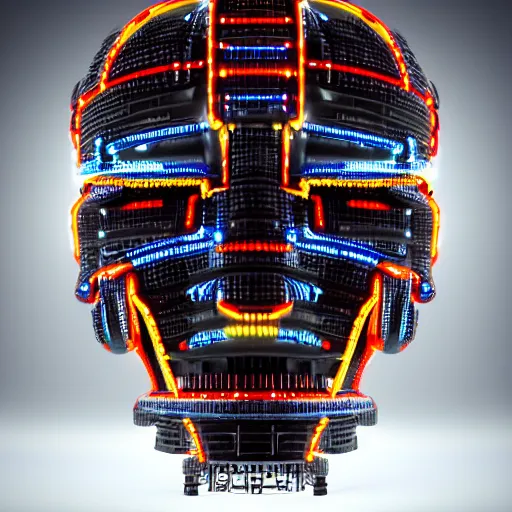 Image similar to a glossy claymodel of a cyberpunk aztec futuristic robot head, top of the head is made of gears and multicolored glowing tubes, eyes are multicolored lamps, 8 k, front shot, symetrical, flourescent colors, halluzinogenic, multicolored, insanely detailed, 3 d render, octane