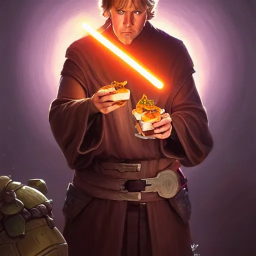 Image similar to Luke Skywalker eating big macs, dripping BBQ Sauce, serving happy meals, D&D, spilling ketchup, fantasy, intricate, elegant, highly detailed, digital painting, artstation, concept art, matte, sharp focus, illustration, hearthstone, art by Artgerm and Greg Rutkowski and Alphonse Mucha