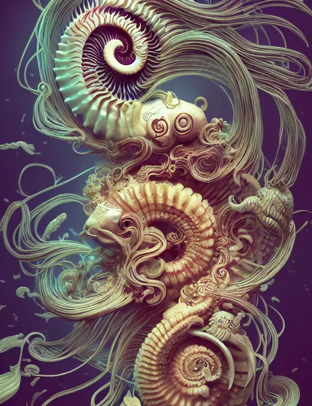 Image similar to 3 d goddess nautilus half - turn portrait with long hair with ram skull. beautiful intricately detailed japanese crow kitsune mask and clasical japanese kimono. betta fish, jellyfish phoenix, bio luminescent, plasma, ice, water, wind, creature, artwork by tooth wu and wlop and beeple and greg rutkowski